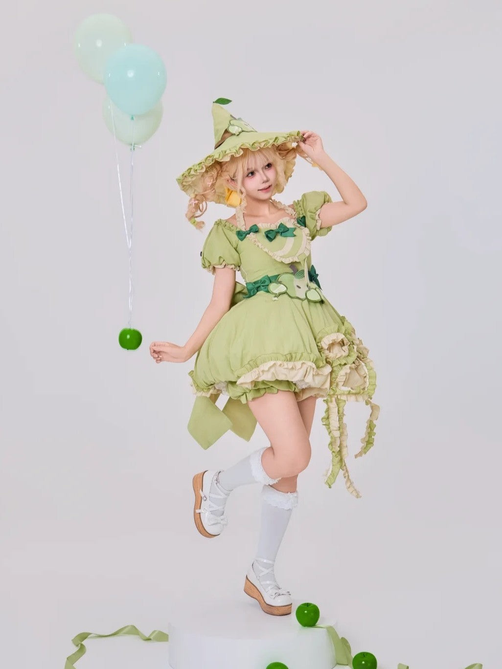 Magic Apple Green Cartoon Sweet Lolita OP Set with Bloomers