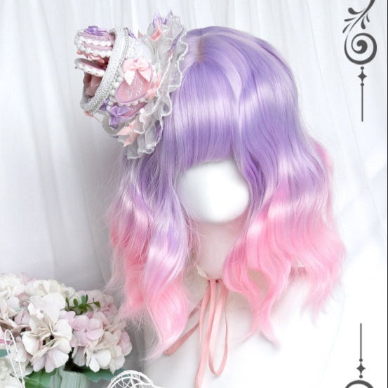 Short Curly Purple to Pink Mixed Ryousangata Wig LE7025
