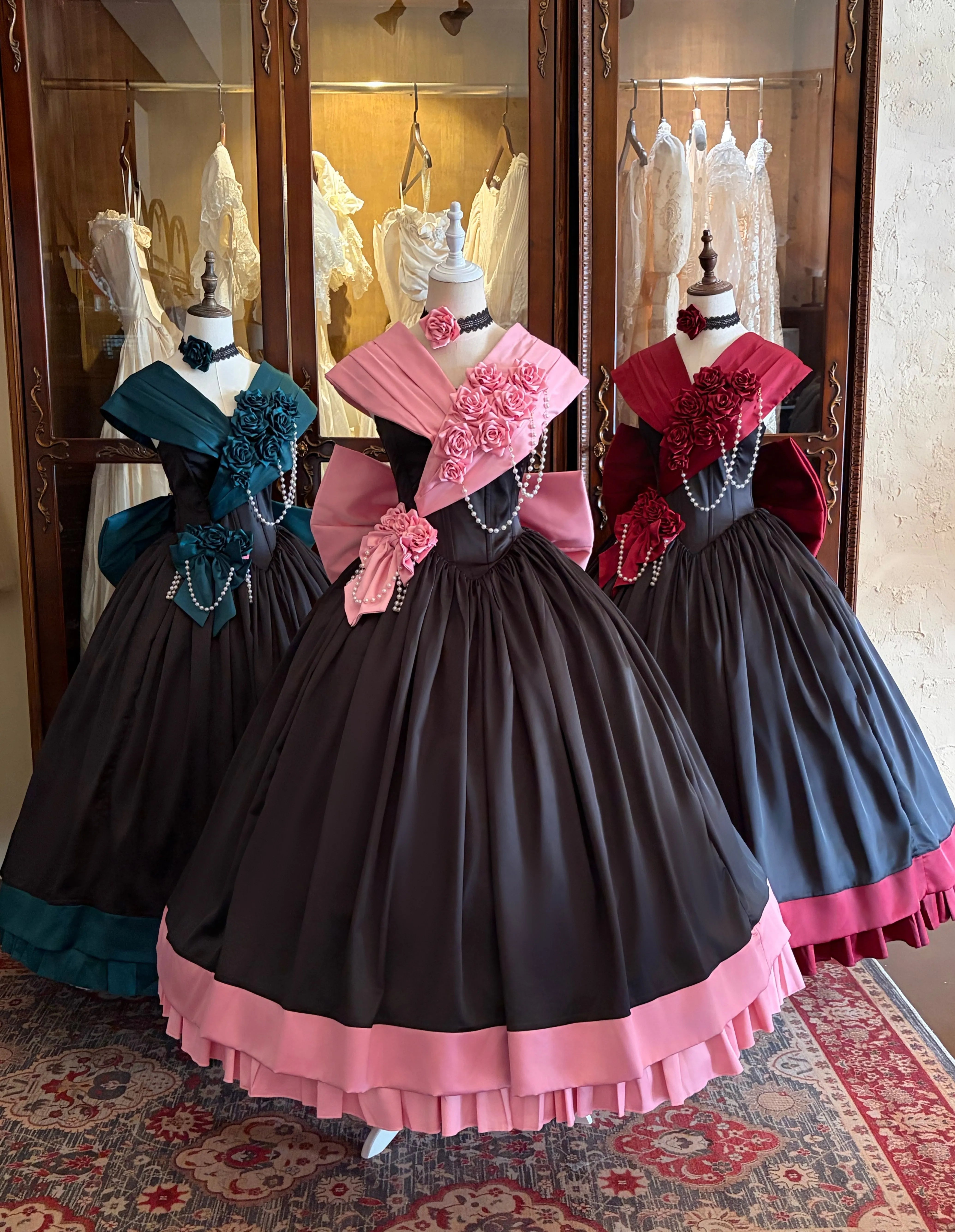 Rose 3D Floral Pearl Gothic Lolita Ball Gown OP Dress