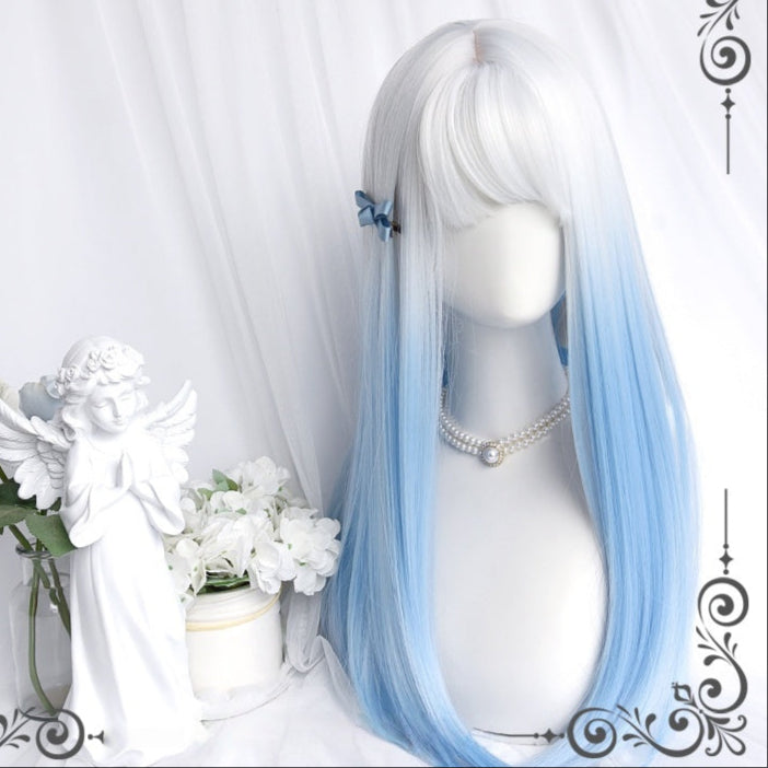 Long White Blue Mixed Color Wavy Wig