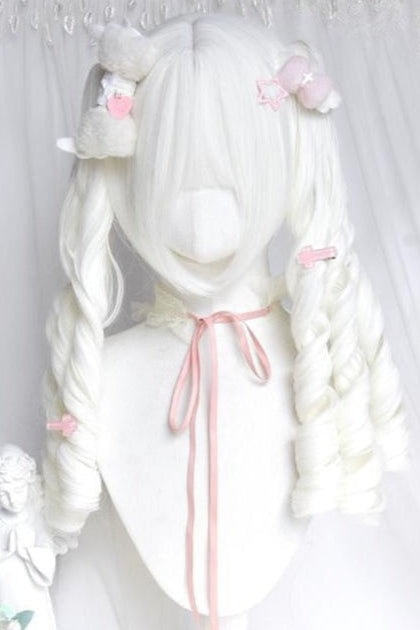Pure White Twin Tails Long Wavy kawaii Wig