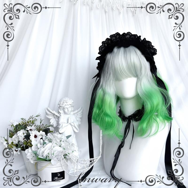 Short Curly Silver to Green Y2K Wig LE7012