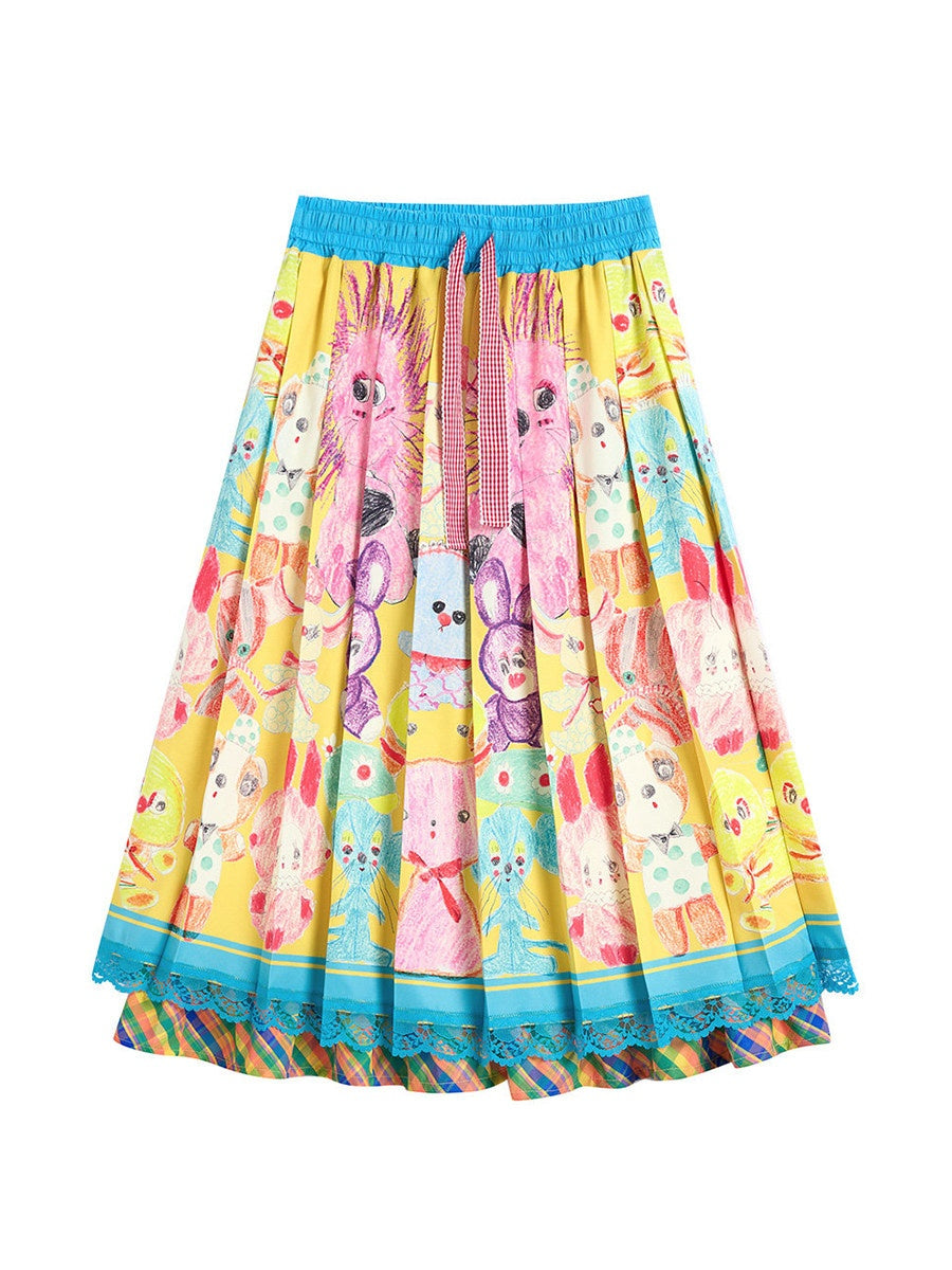 Color Block Doll Graffiti Pleated Long Skirt