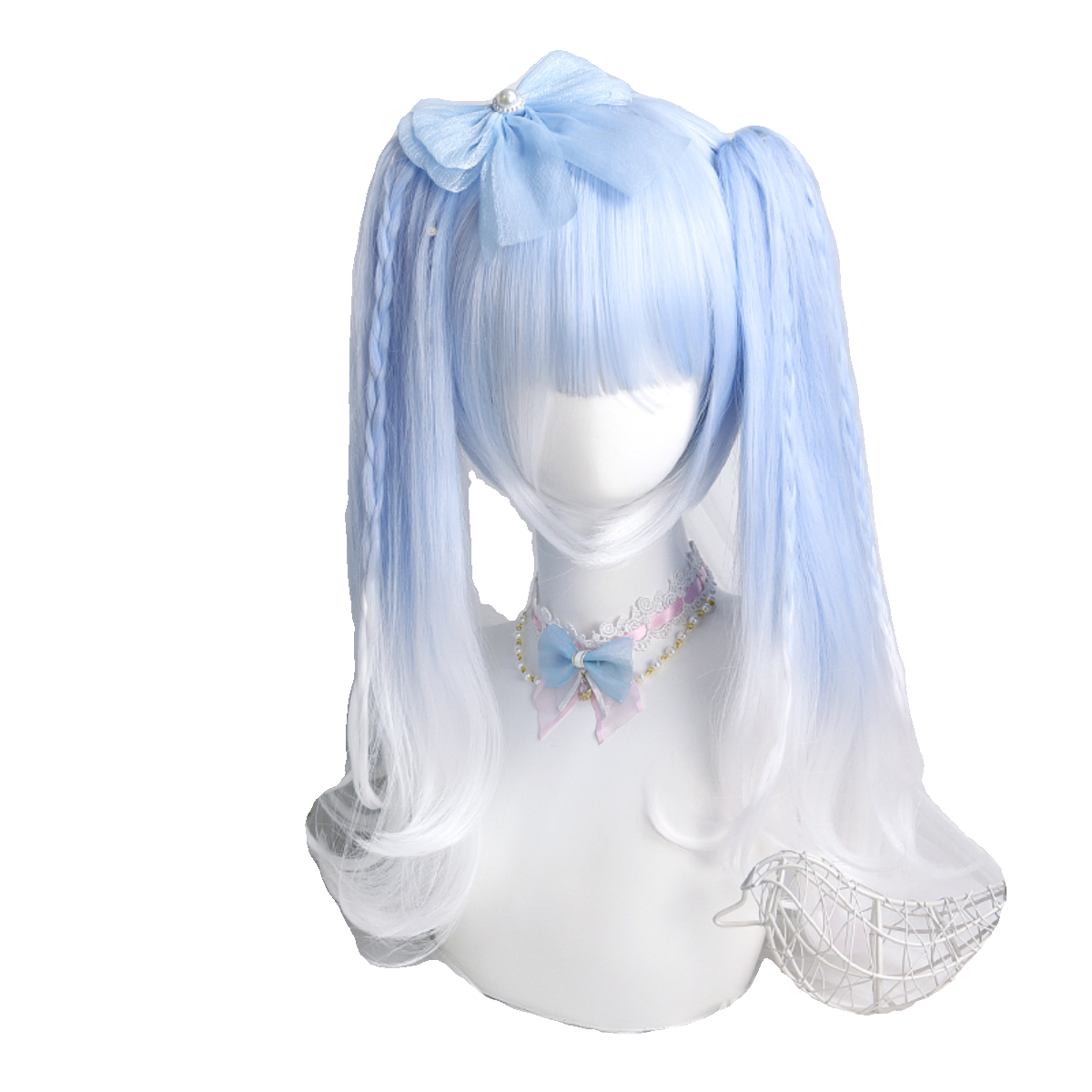 Short Aqua to White Y2K Wig with Detachable Twin Tails