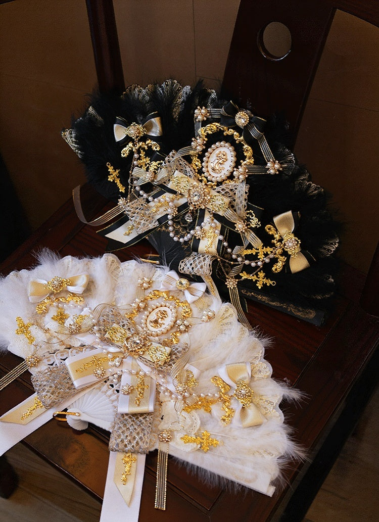 Lolita Handmade Imperial Gorgeous Palace Style Black & White Feather Fan