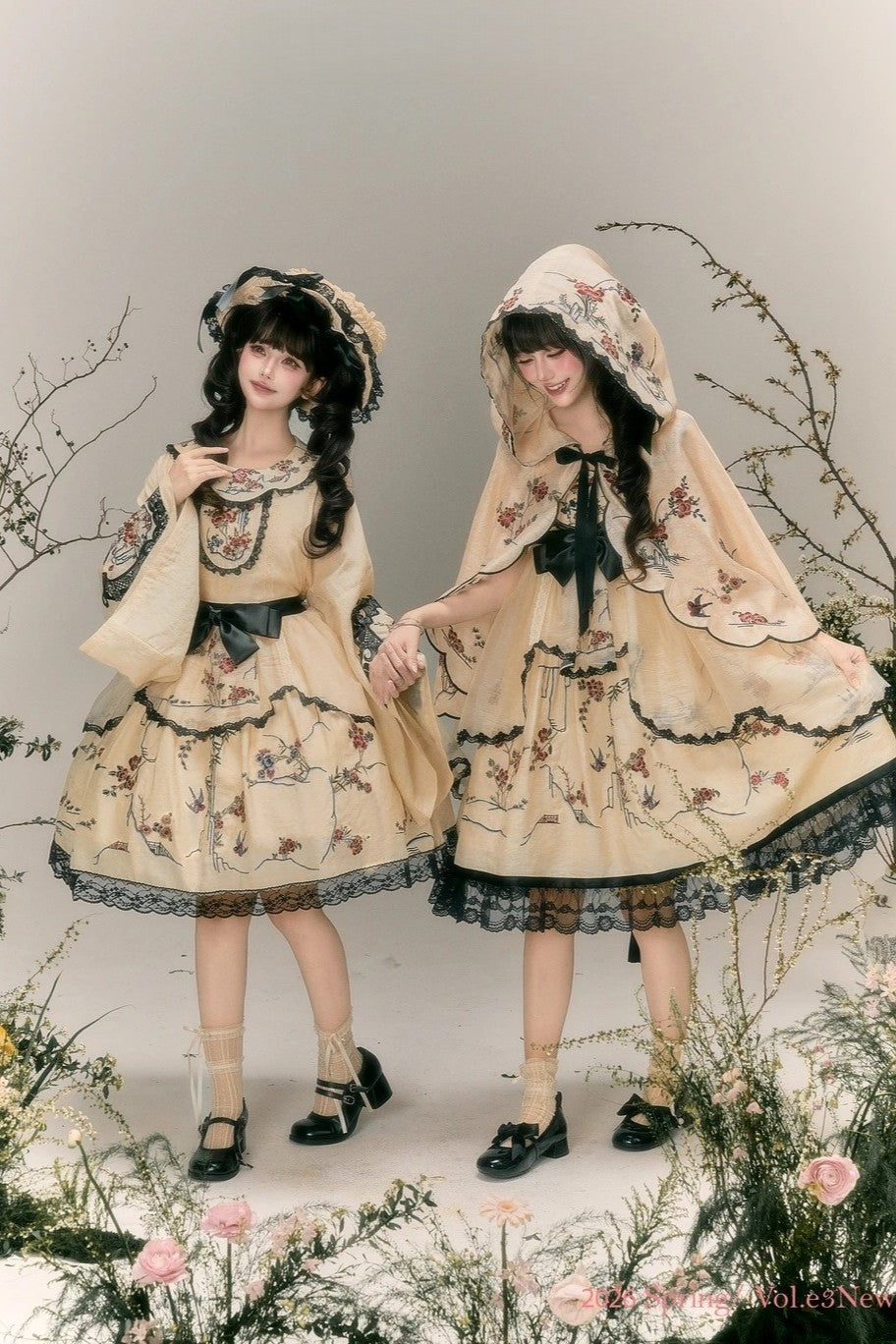 Floral Bird Amber Beige Hanfu Lolita JSK Dress Set