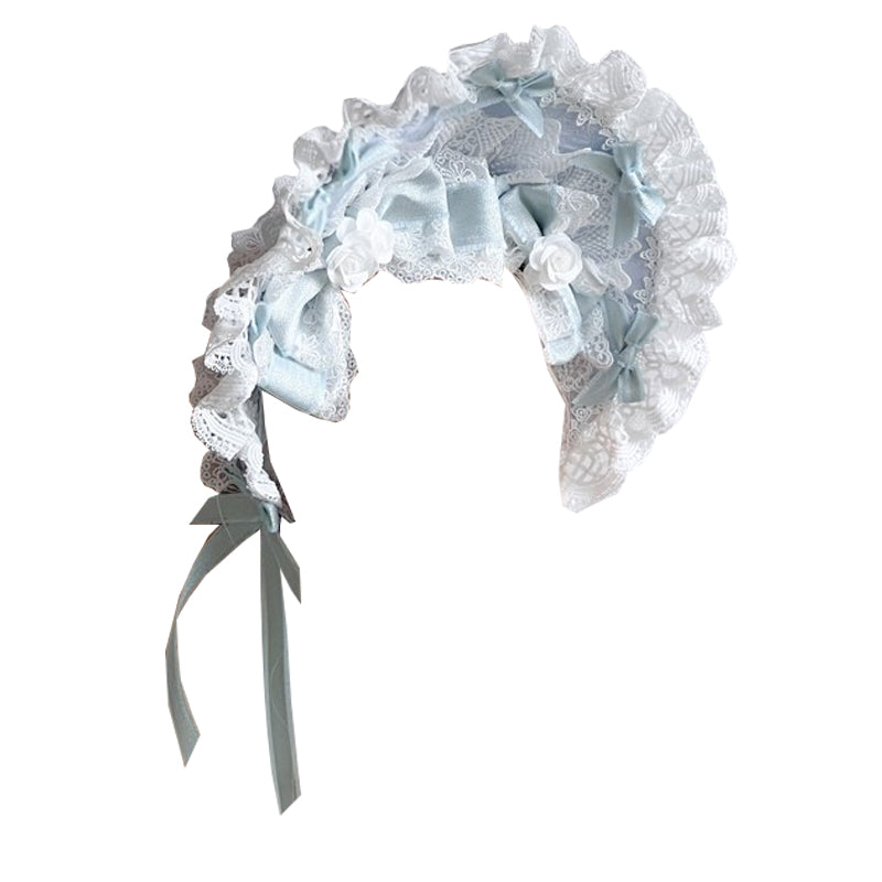 Lolita Sweet Ice Blue Lace Bow Bonnet/KC/Sleeves LE6001