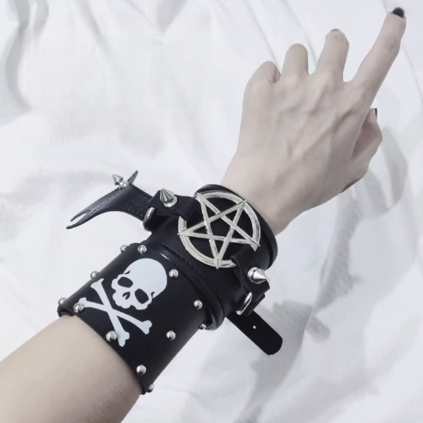 Y2K Goth Punk Black Leather Bracelet LE6008