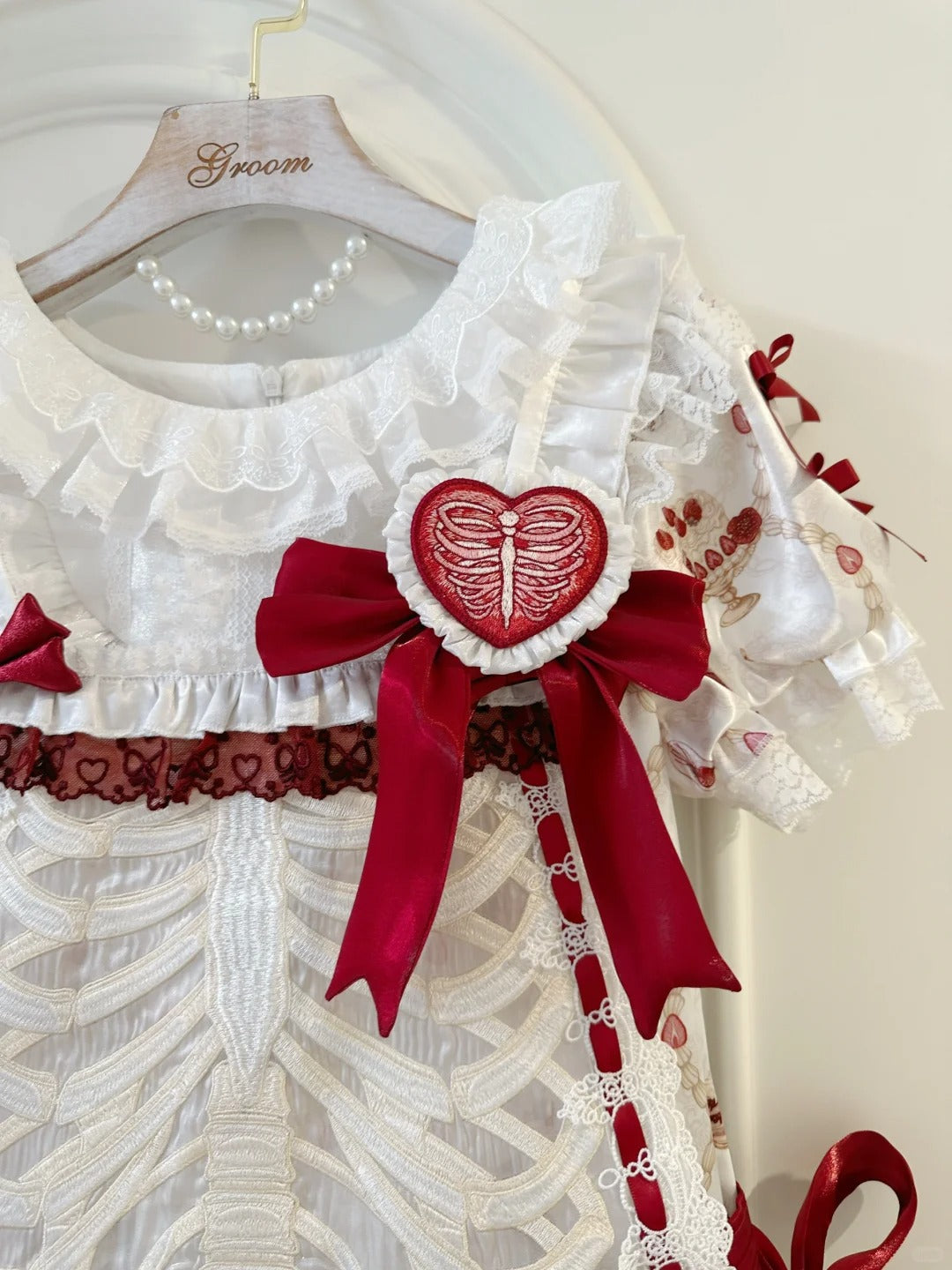 Strawberry Heart Bone White Red Gothic Lolita OP Dress or JSK
