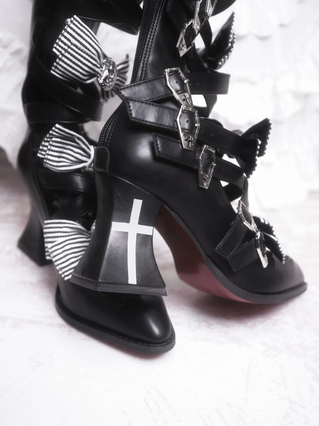 Moon Crow Cross Heels Gothic Lace-Up Pointed Half Cutout Boots