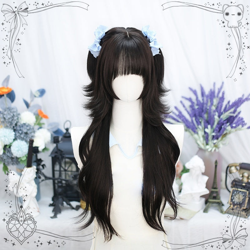 Long Black Curly Y2K Wig with Blue Highlights