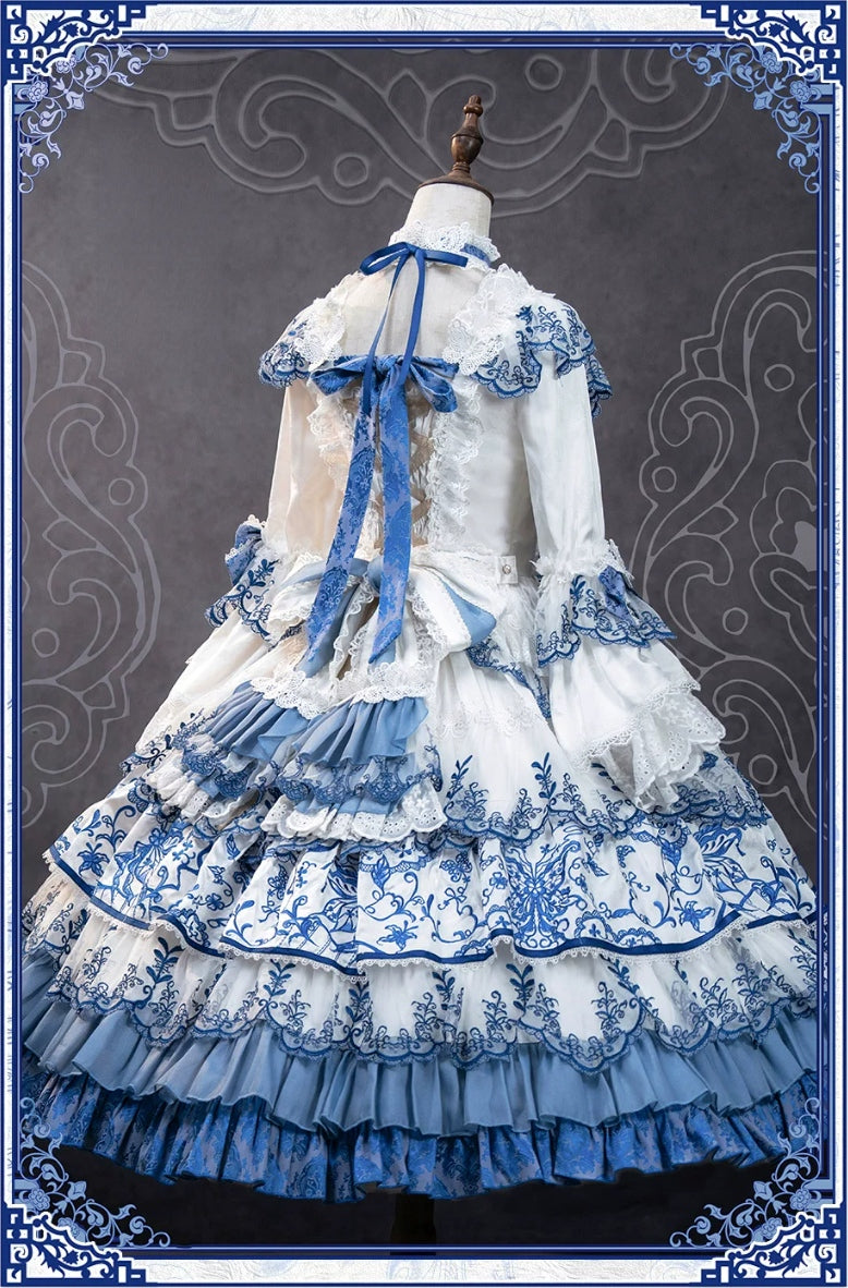 Butterfly Blue and White Porcelain Floral Embroidery Classic Lolita OP Dress