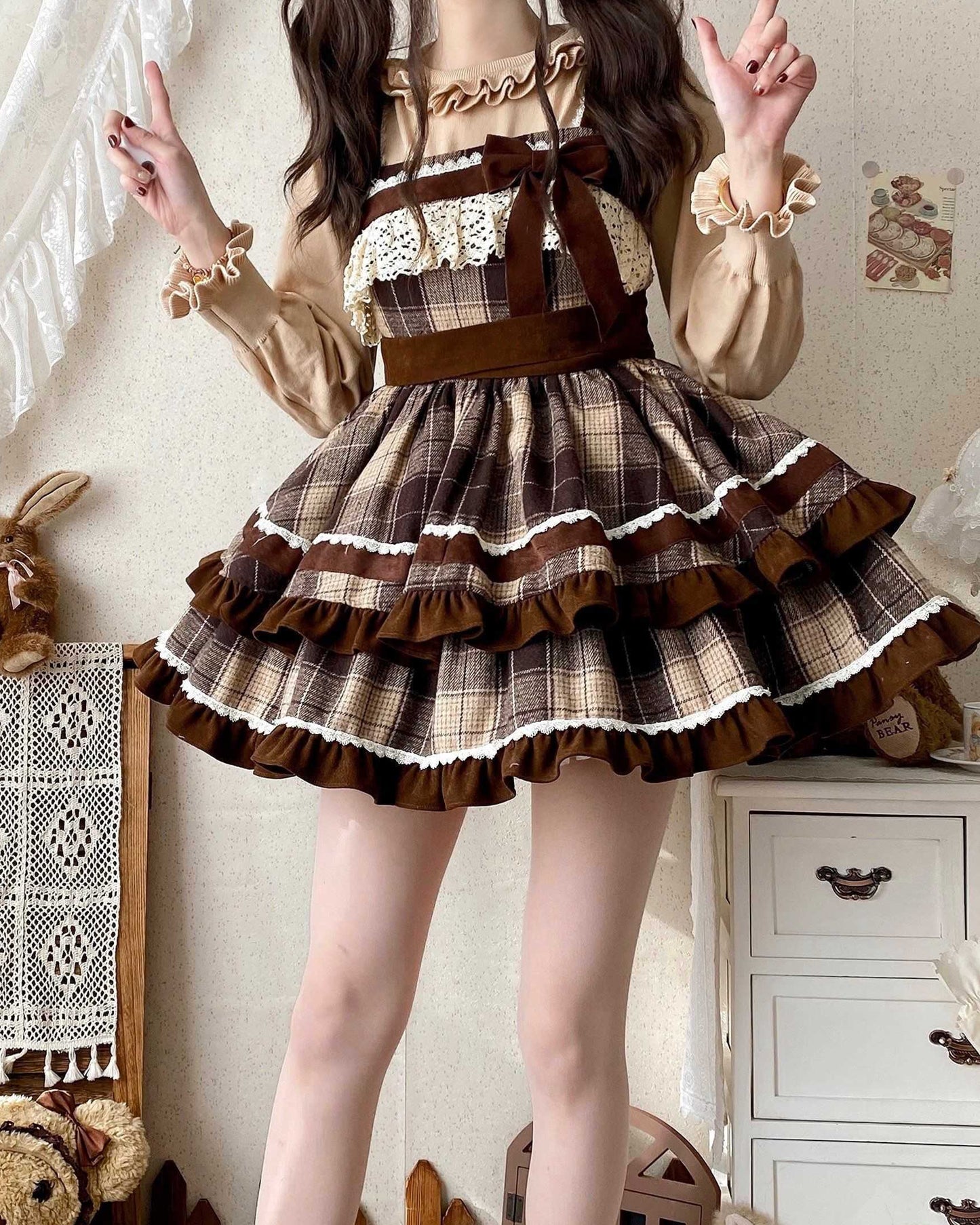 Lolita Caramel Cocoa Sweet Plaid JSK Dress LS1018