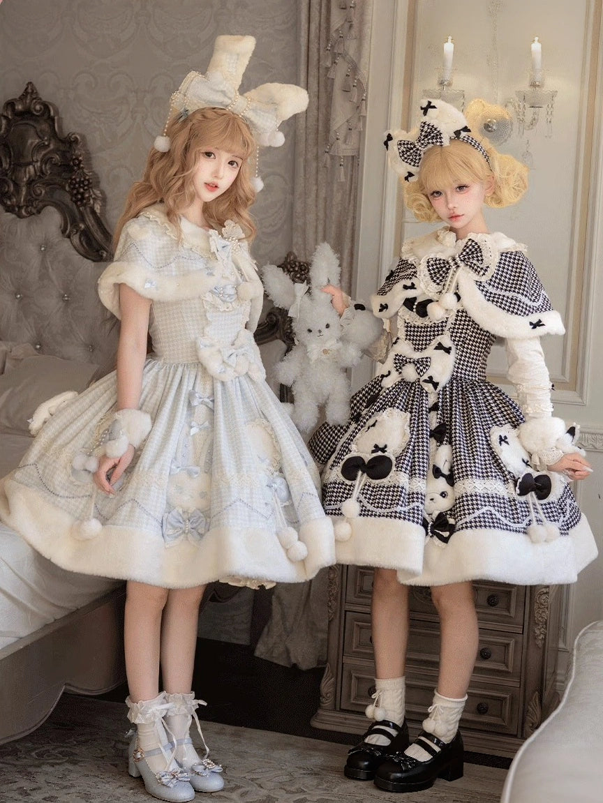 Bunny Ball 2.0 Lolita Winter Doll Style JSK Cape Set Black Plaid Version