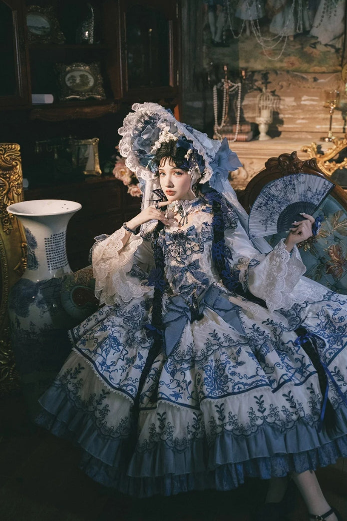 Butterfly Blue and White Porcelain Floral Embroidery Classic Lolita OP Dress