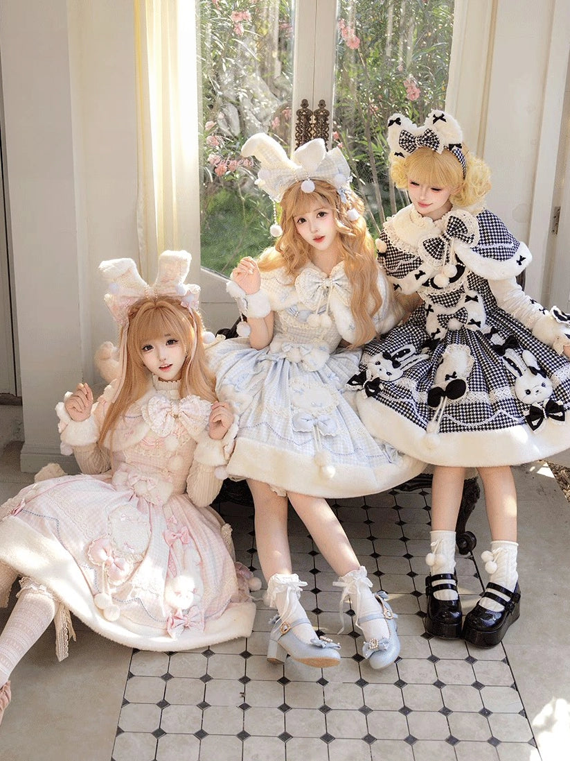 Bunny Ball 2.0 Lolita Winter Doll Style JSK Cape Set Black Plaid Version
