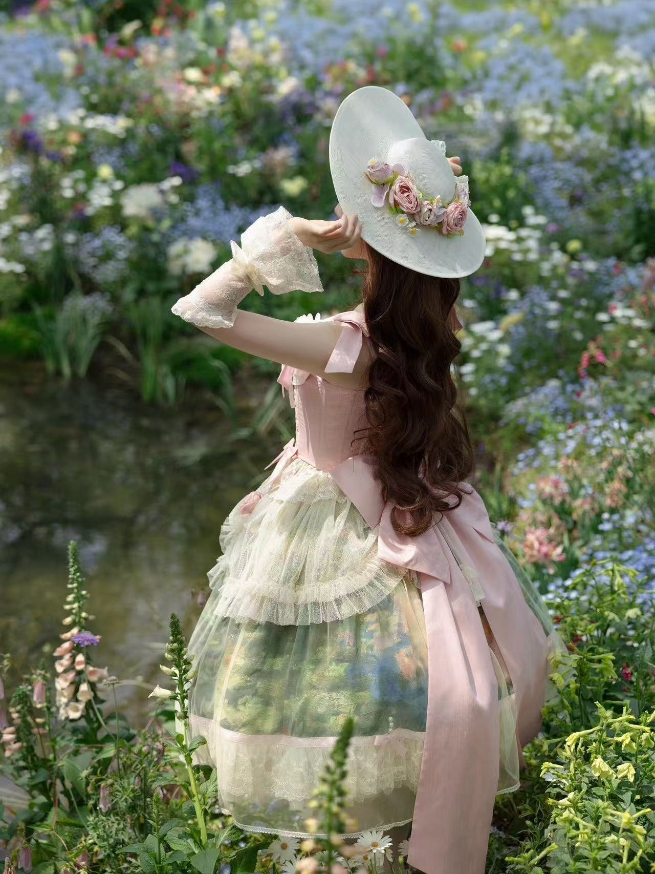 Ensemble Robe et Corset Lolita Classique "Le Jardin de Monet" (Peinture à l'Huile)