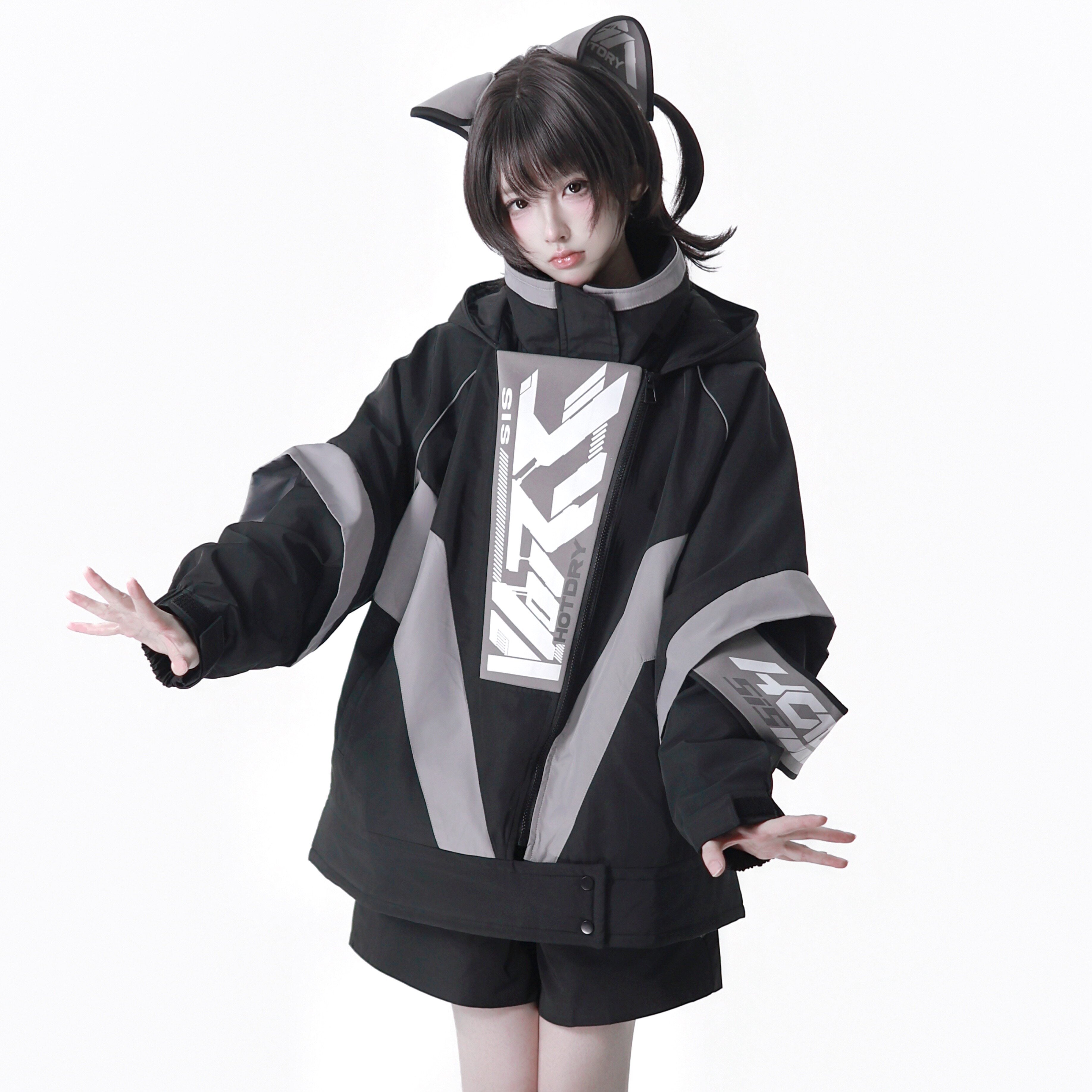 Dystopian Techwear Two-Piece Fleece-Lined Jacket and Shorts Set