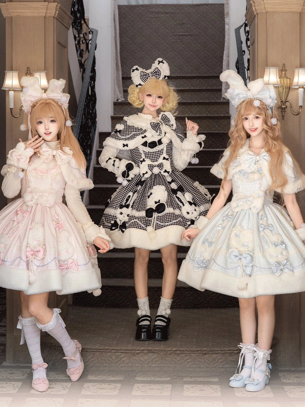 Bunny Ball 2.0 Lolita Winter Doll Style JSK Cape Set Black Plaid Version
