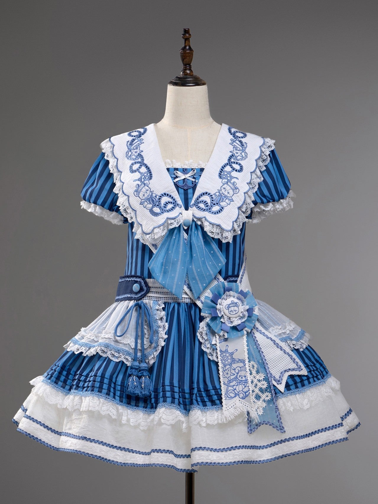 Antique Sailor Bear Blue Stripe Low Waist Lolita OP Dress