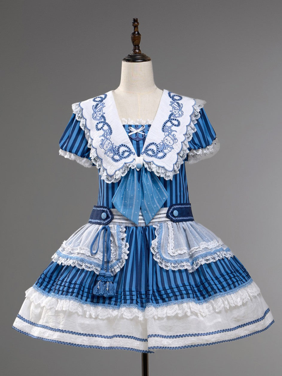 Antique Sailor Bear Blue Stripe Low Waist Lolita OP Dress