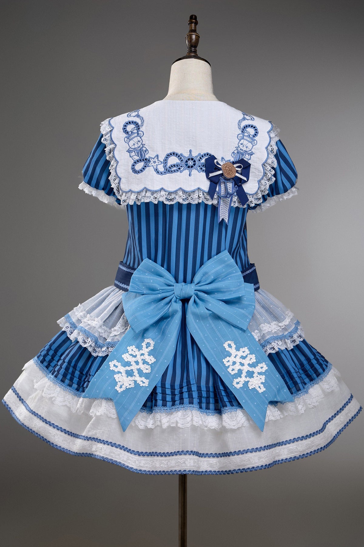 Antique Sailor Bear Blue Stripe Low Waist Lolita OP Dress