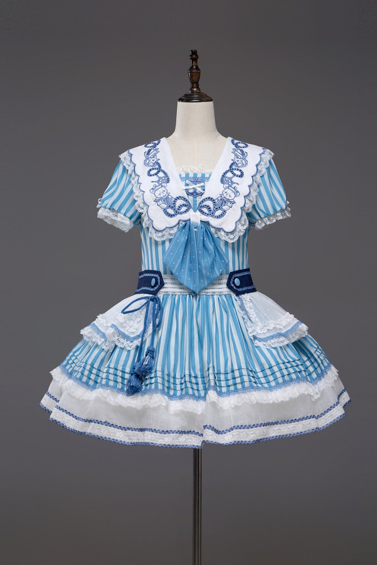 Antique Sailor Bear Blue Stripe Low Waist Lolita OP Dress