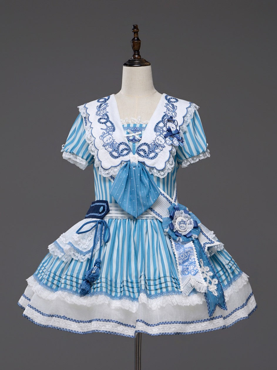 Antique Sailor Bear Blue Stripe Low Waist Lolita OP Dress