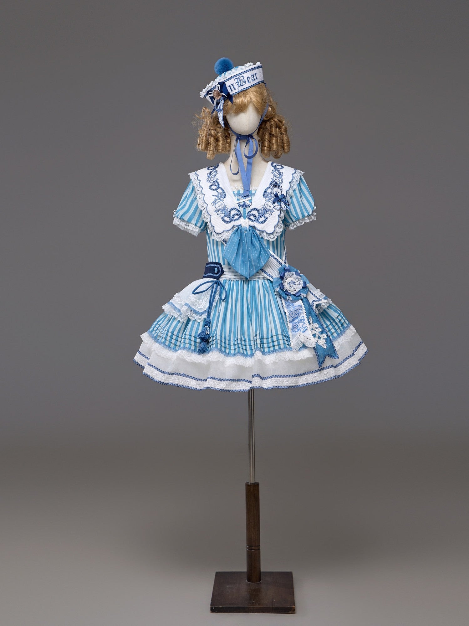 Antique Sailor Bear Blue Stripe Low Waist Lolita OP Dress