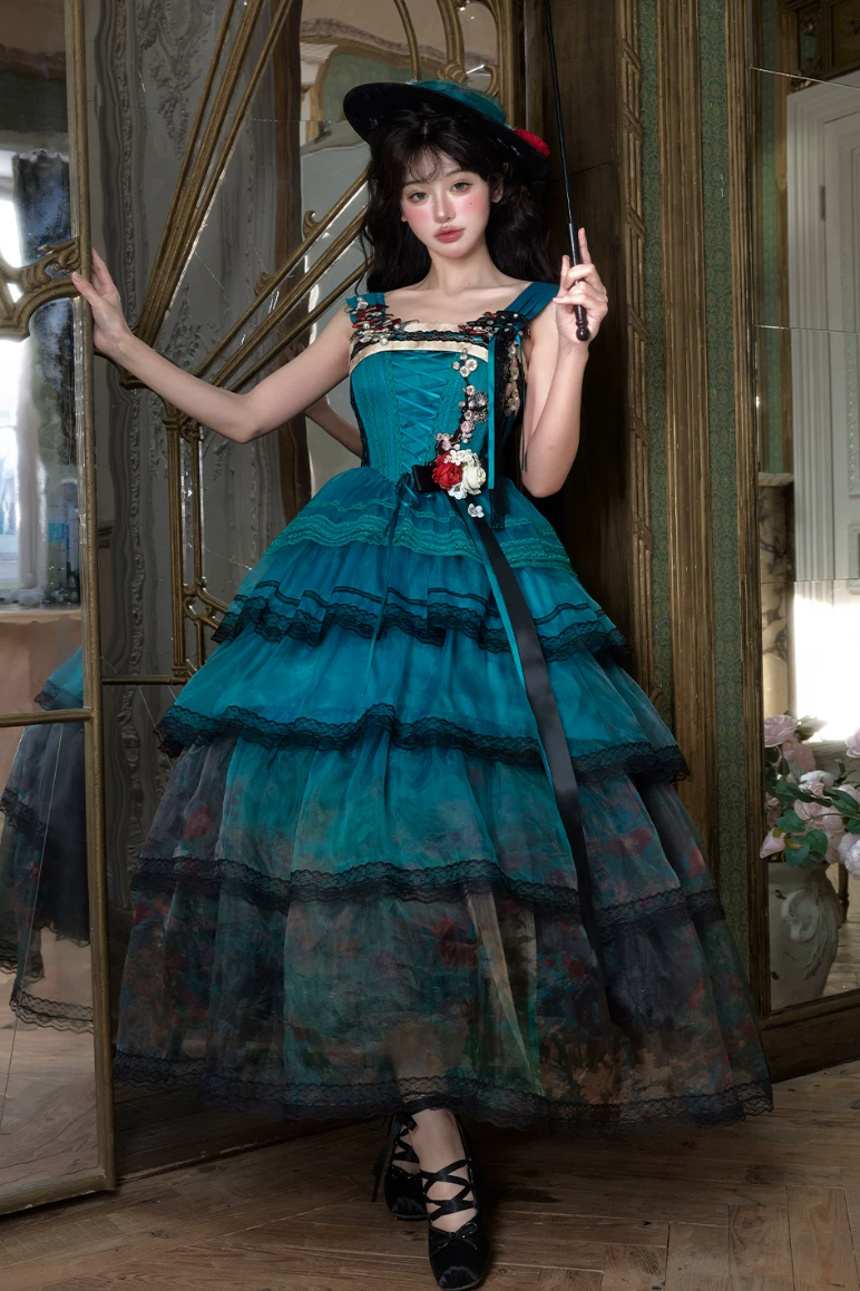 Misty New Dawn Peacock Blue Classic Lolita Long JSK Tea Party Set