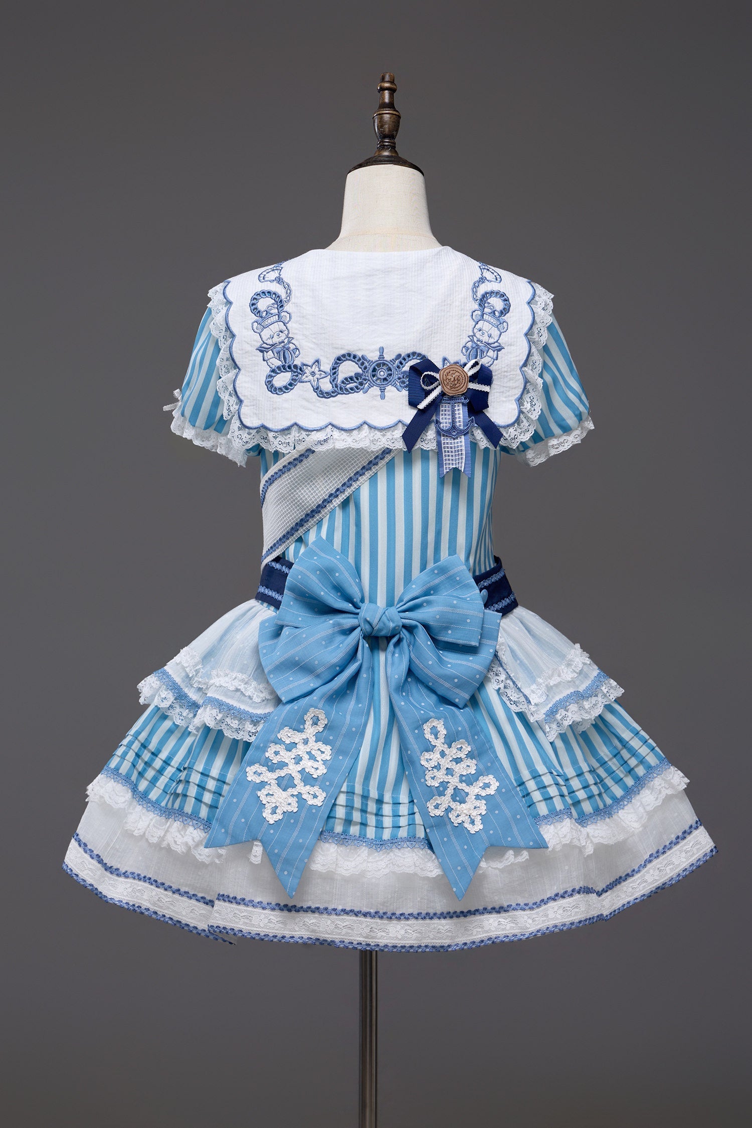 Antique Sailor Bear Blue Stripe Low Waist Lolita OP Dress