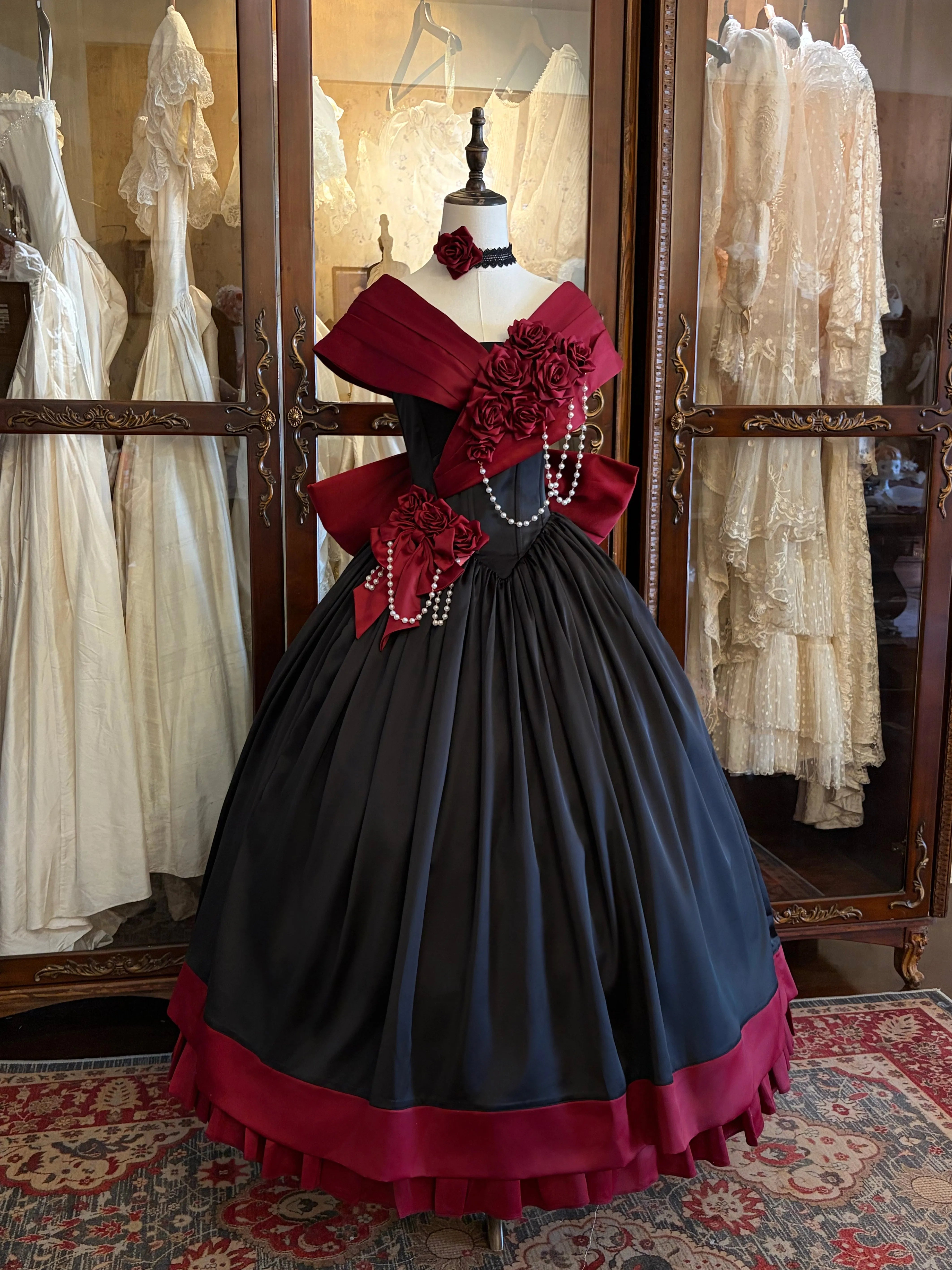Rose 3D Floral Pearl Gothic Lolita Ball Gown OP Dress