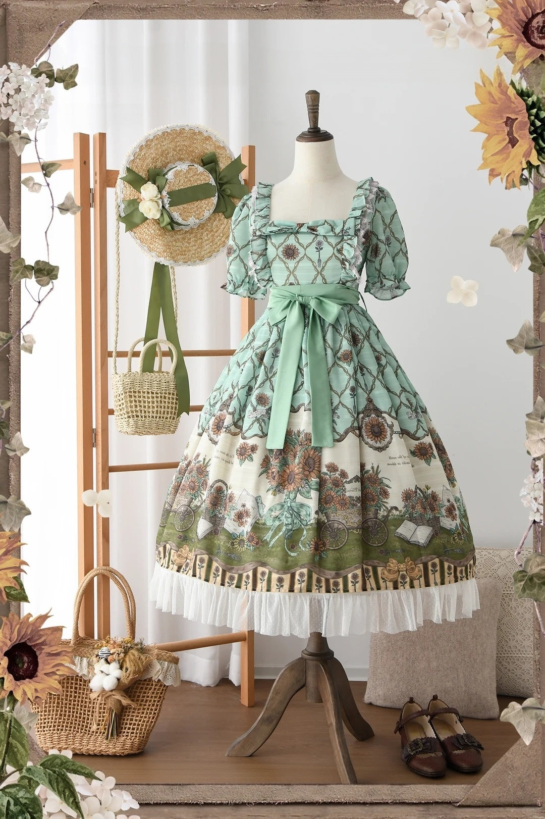 Golden Sunlit Summer Sunflower Print Classic Lolita Short Sleeve OP Dress