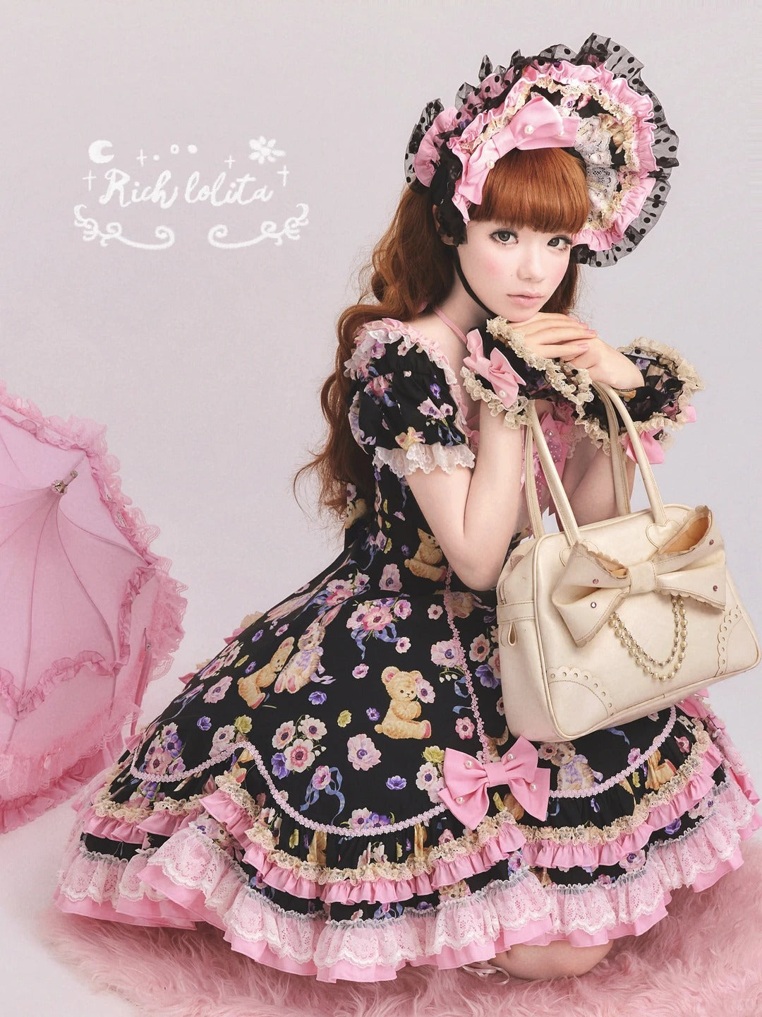 Be My Sweetheart Bear Bunny Floral Print Fitted Sweet Lolita OP Dress