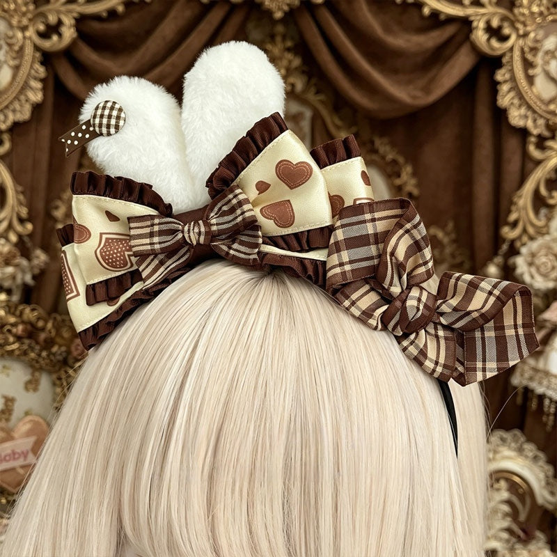 Chocolate Bear Bunny Ear Plaid Lolita KC Headband with Bow