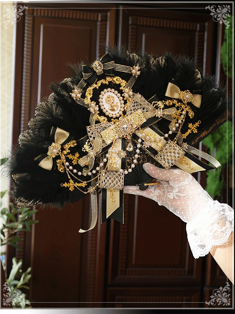 Lolita Handmade Imperial Gorgeous Palace Style Black & White Feather Fan