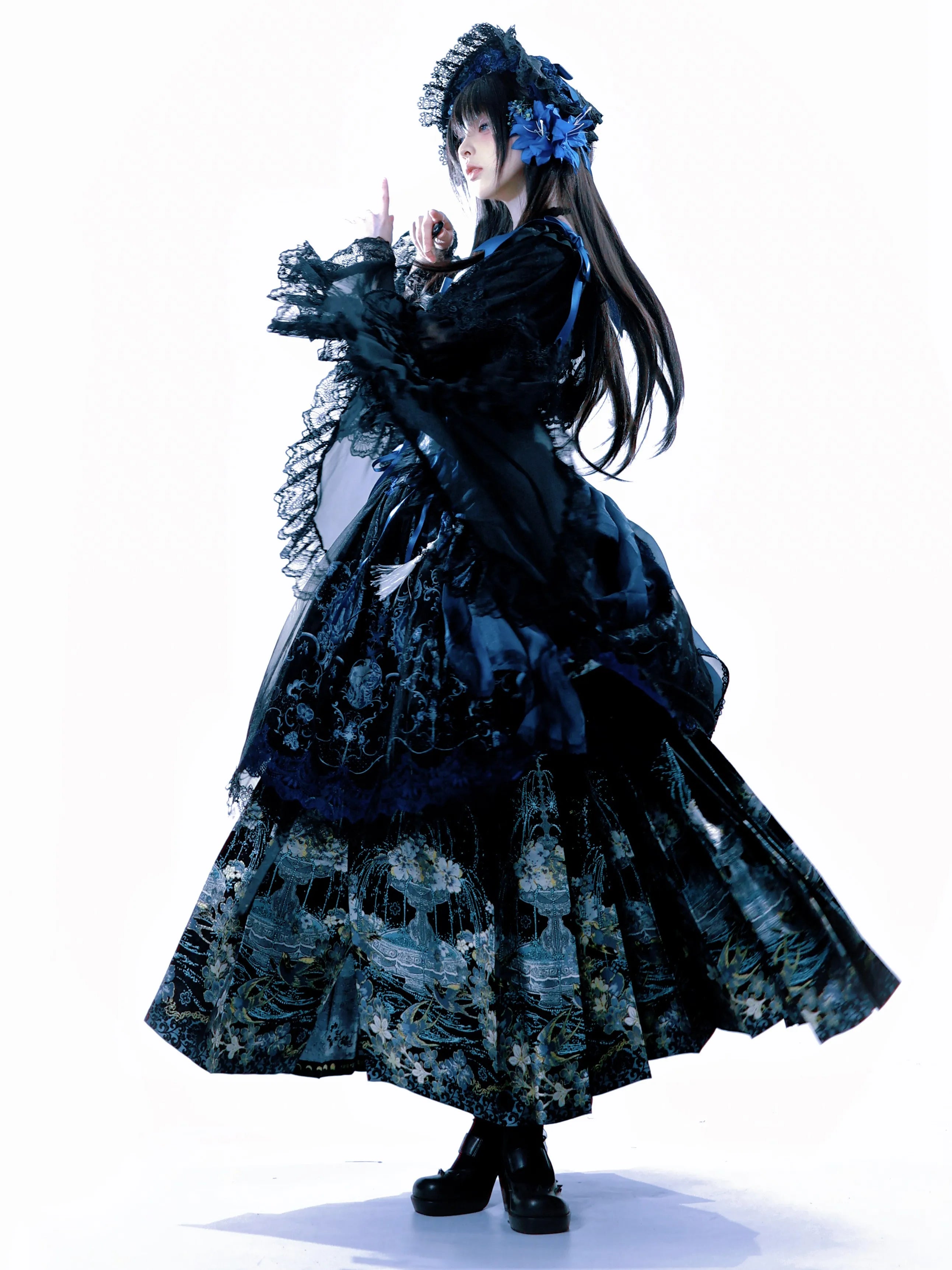 Ling Long Ci Blue Porcelain Butterfly Orchid Print Gothic Lolita Bustier JSK