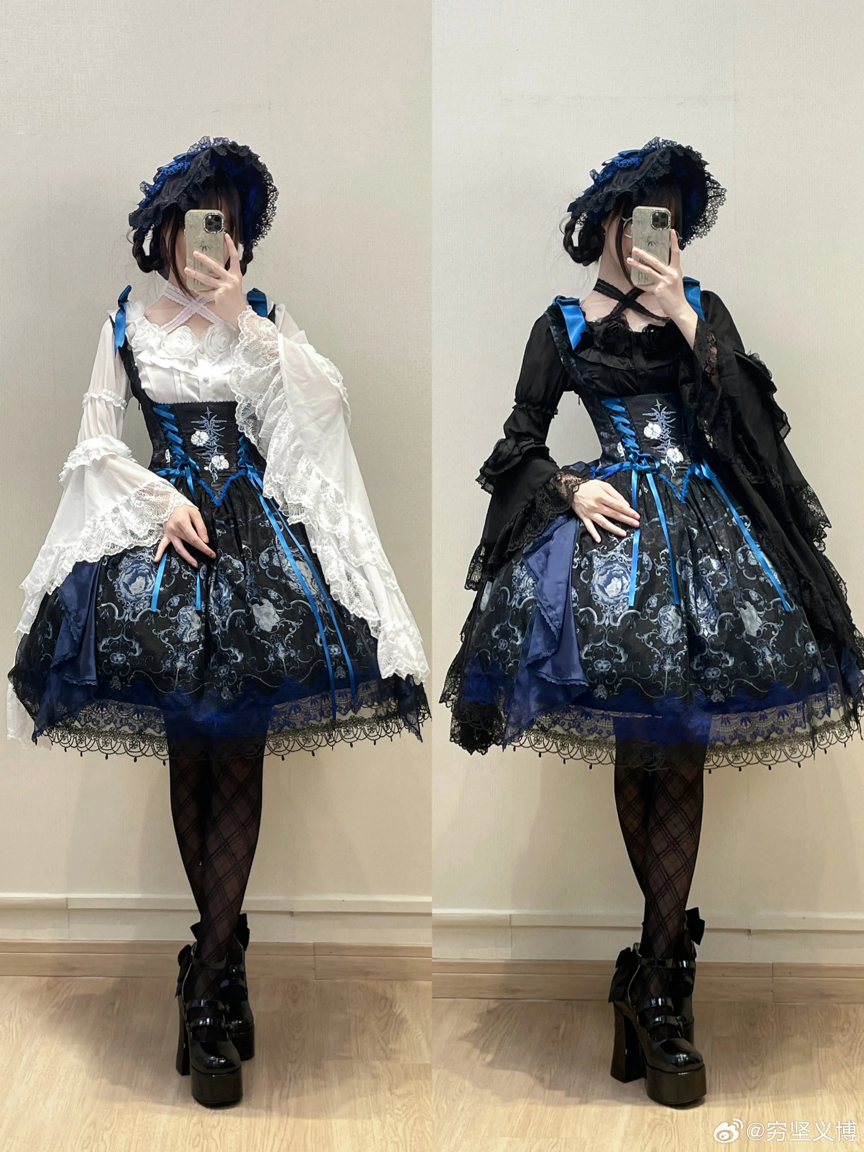 Ling Long Ci Blue Porcelain Butterfly Orchid Print Gothic Lolita Bustier JSK