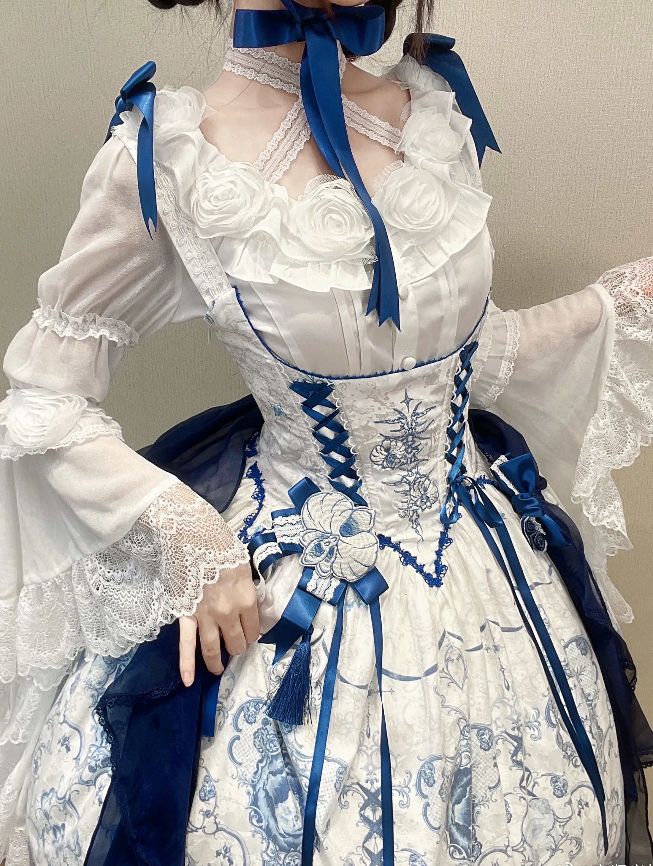 Ling Long Ci Blue Porcelain Butterfly Orchid Print Gothic Lolita Bustier JSK