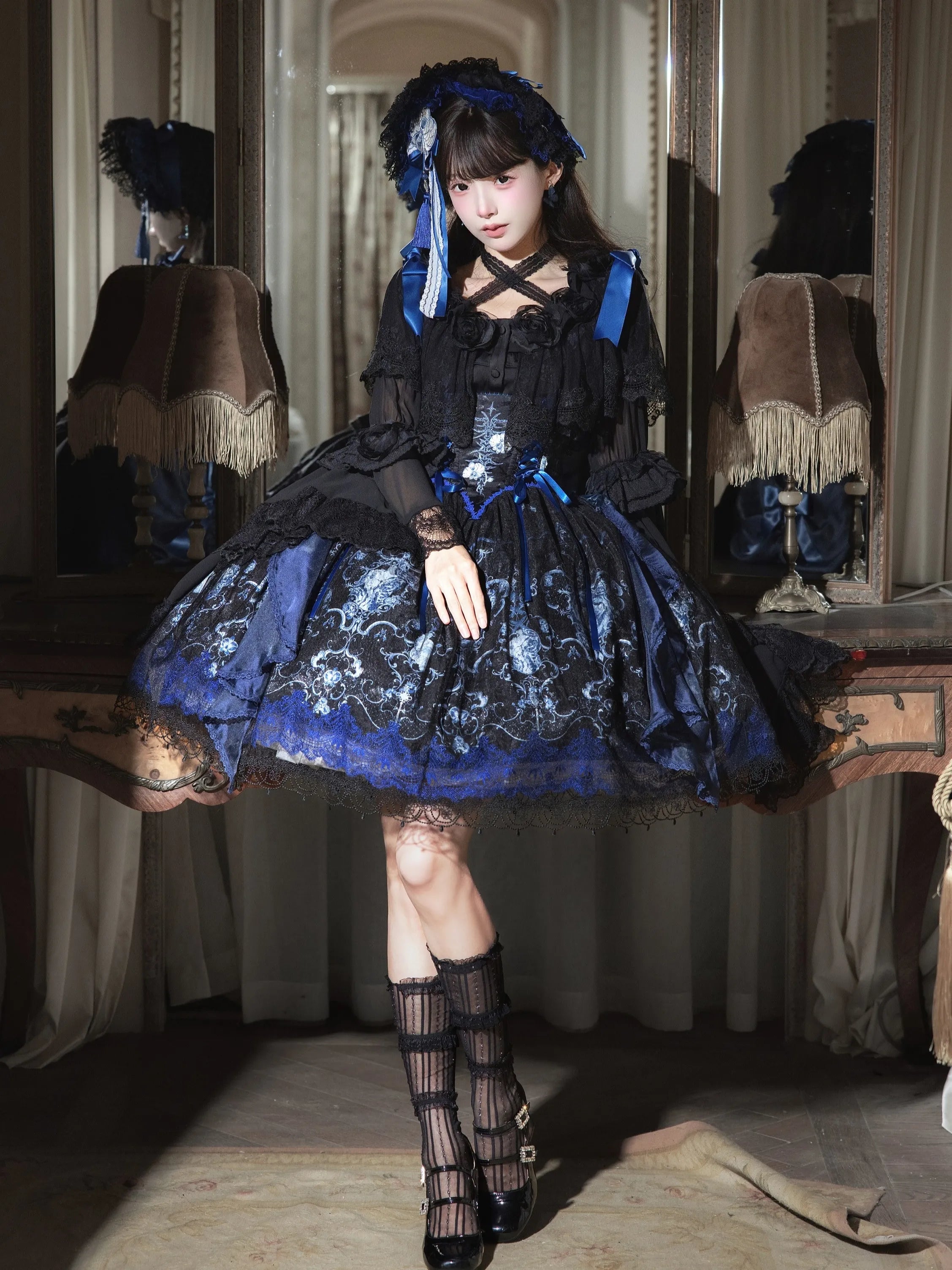 Ling Long Ci Blue Porcelain Butterfly Orchid Print Gothic Lolita Bustier JSK