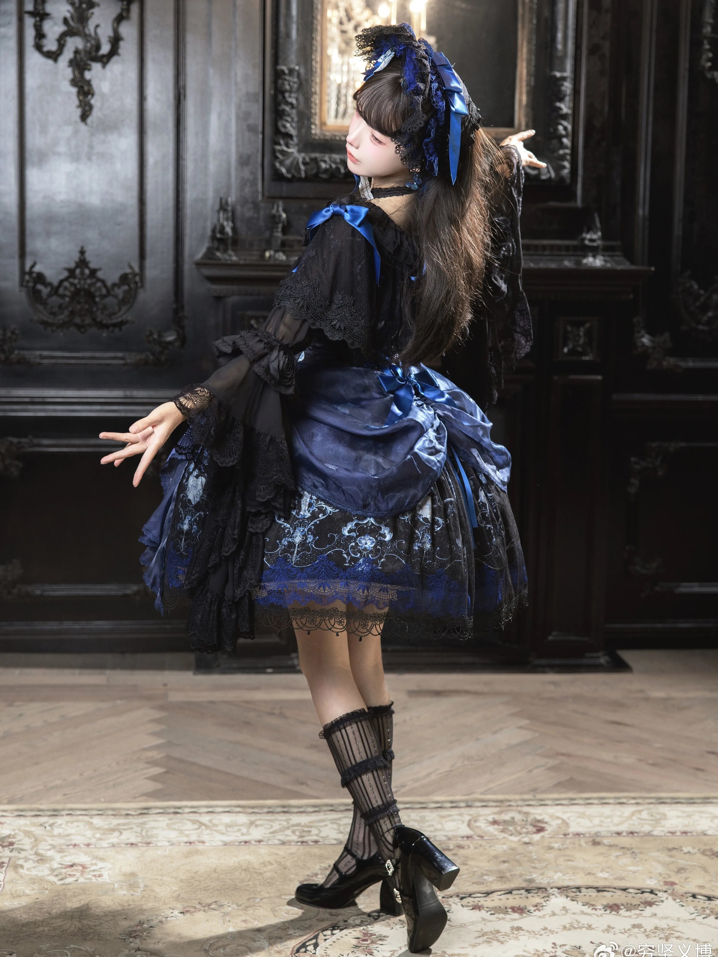 Ling Long Ci Blue Porcelain Butterfly Orchid Print Gothic Lolita Bustier JSK
