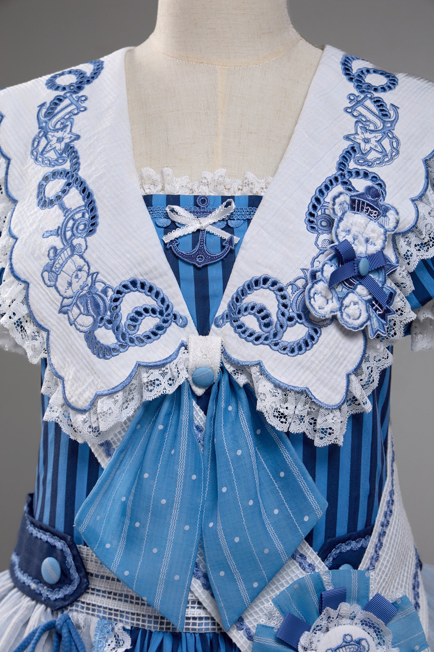 Antique Sailor Bear Blue Stripe Low Waist Lolita OP Dress