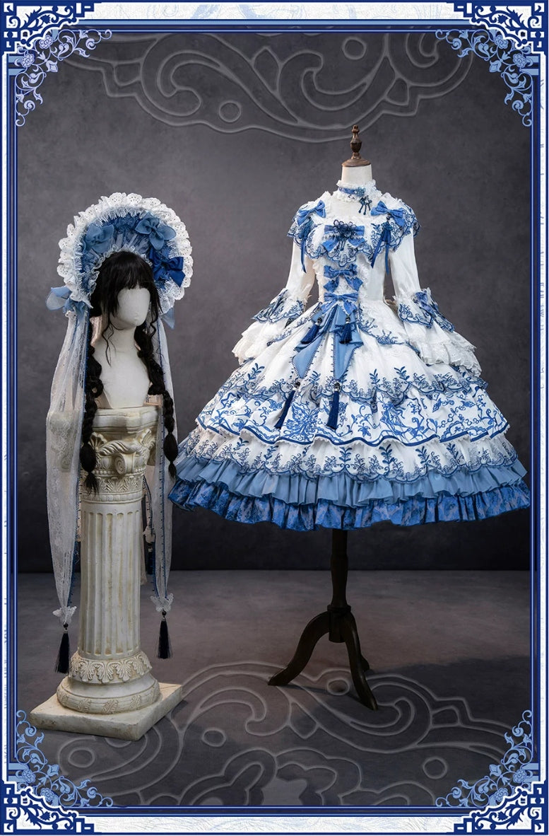 Butterfly Blue and White Porcelain Floral Embroidery Classic Lolita OP Dress