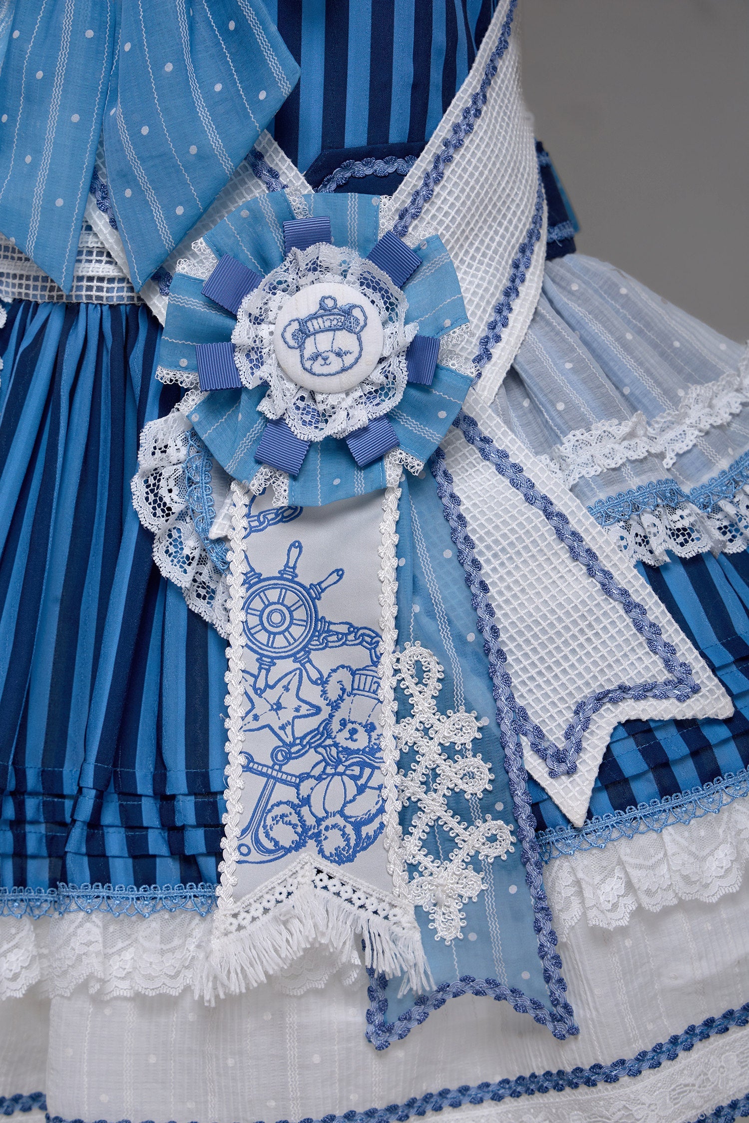 Antique Sailor Bear Blue Stripe Low Waist Lolita OP Dress