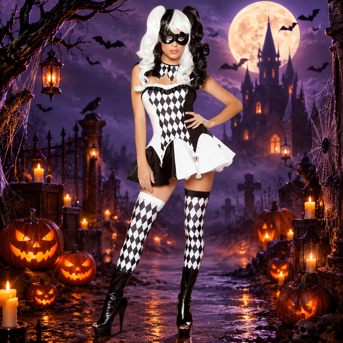 Circus Clown Gothic Black White Halloween Cosplay Costume