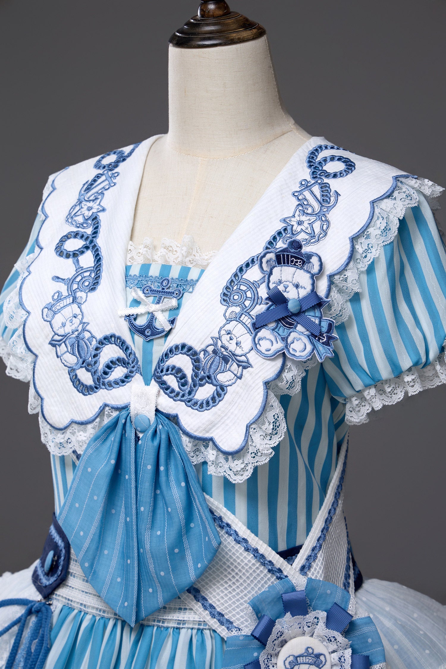 Antique Sailor Bear Blue Stripe Low Waist Lolita OP Dress