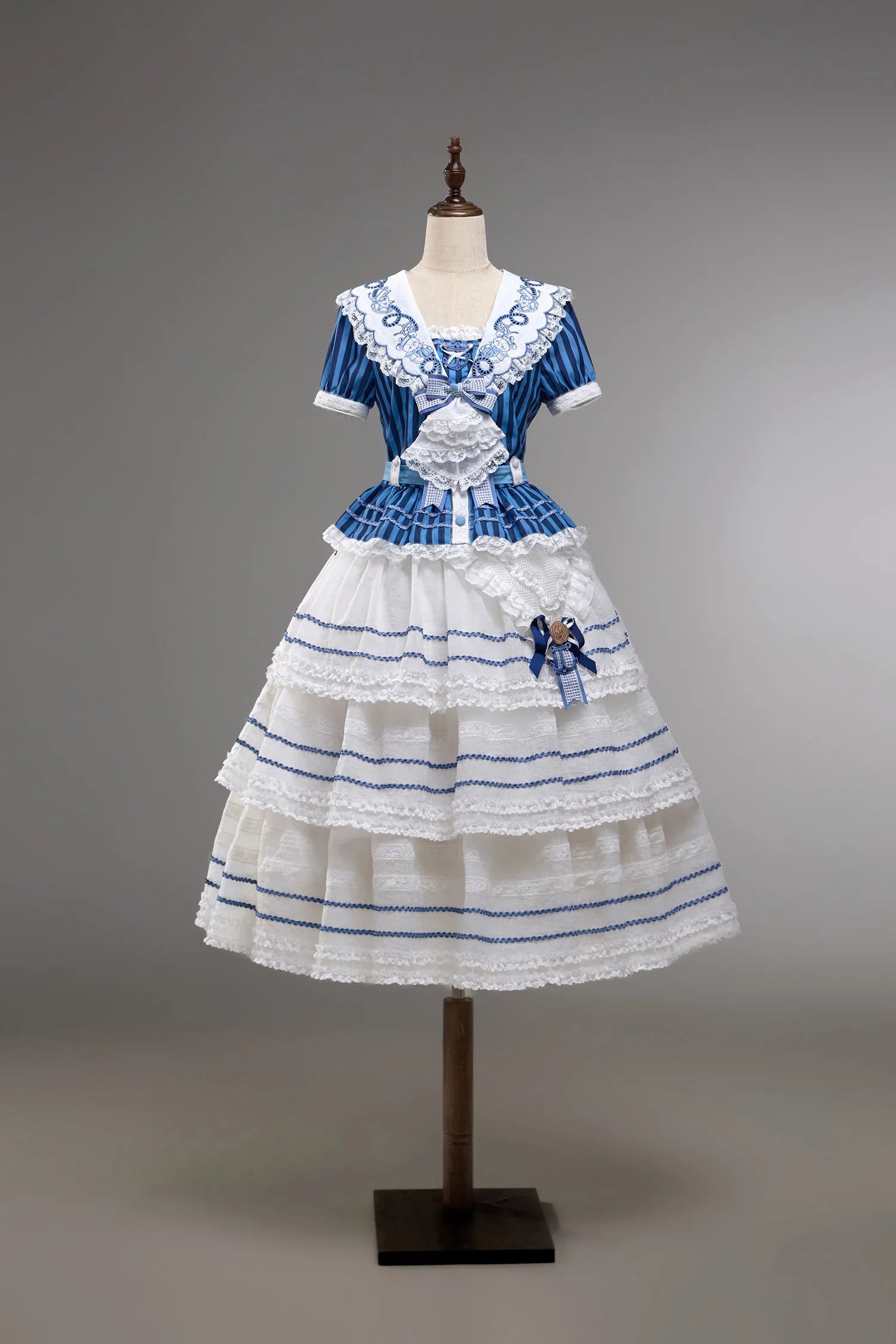 Antique Sailor Bear Blue Stripe Cropped Top Long Skirt Lolita Set