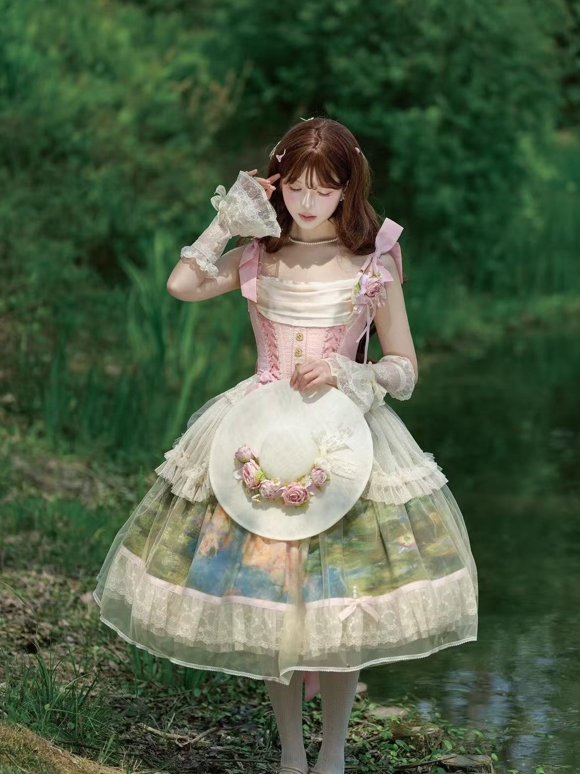 Ensemble Robe et Corset Lolita Classique "Le Jardin de Monet" (Peinture à l'Huile)
