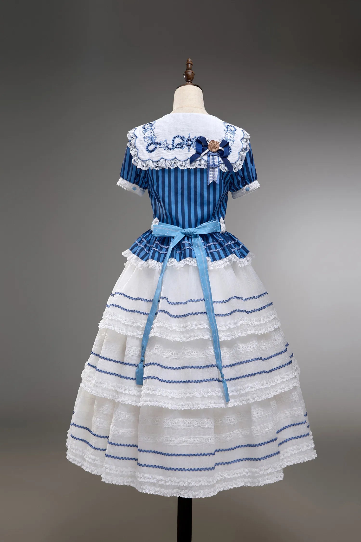 Antique Sailor Bear Blue Stripe Cropped Top Long Skirt Lolita Set