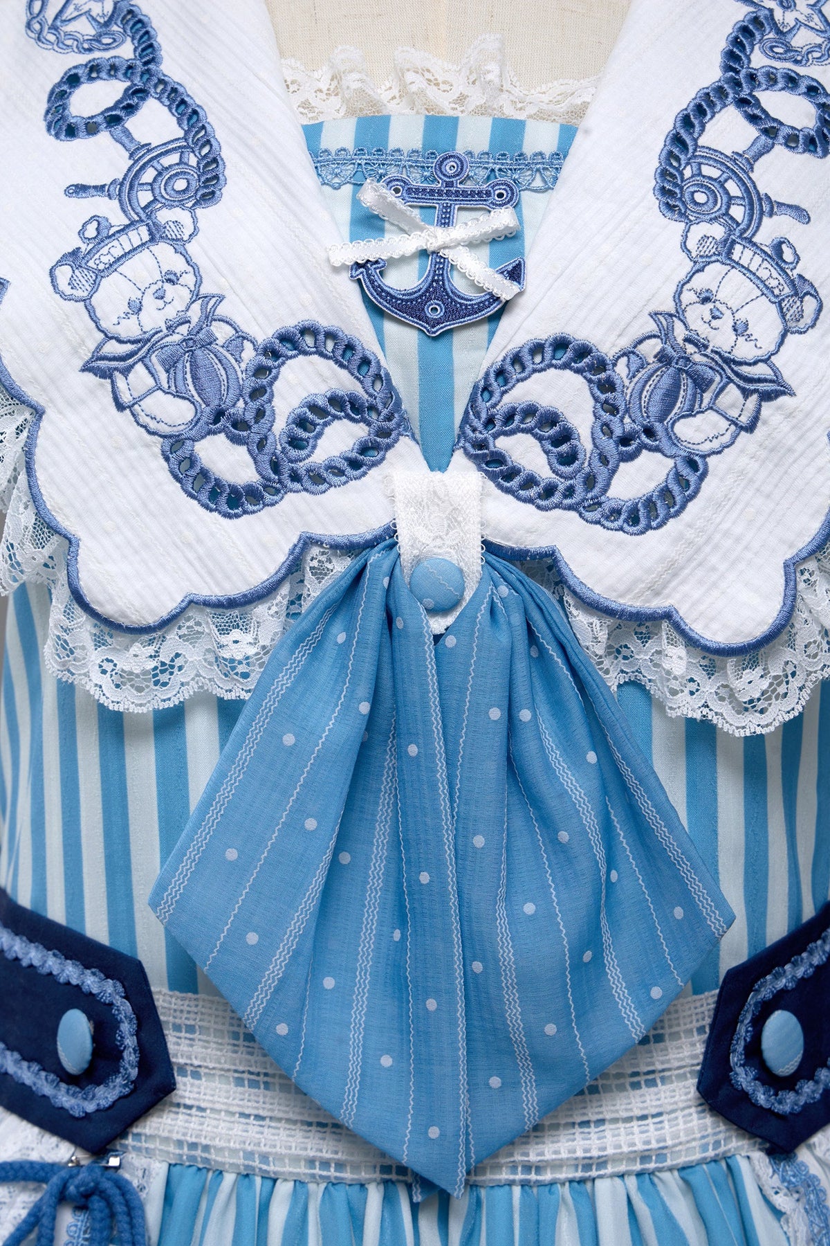 Antique Sailor Bear Blue Stripe Low Waist Lolita OP Dress